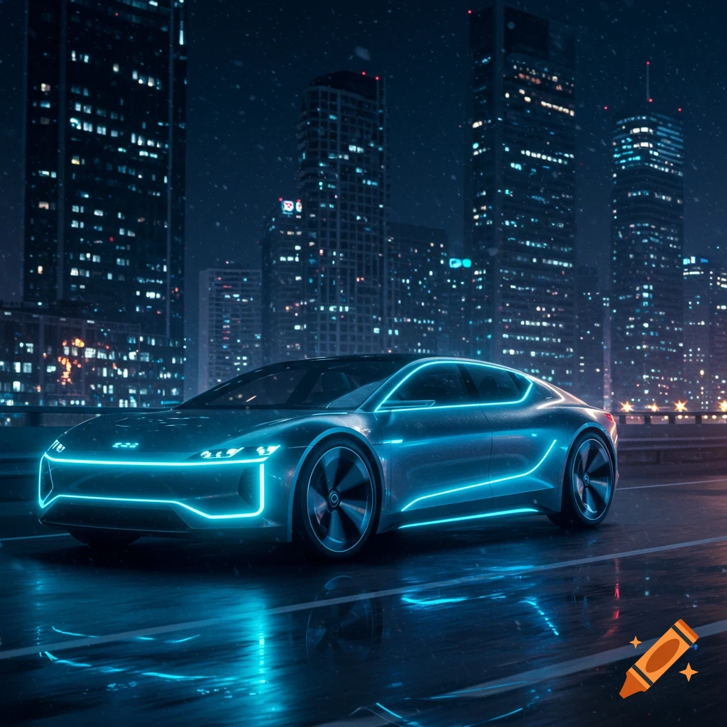 A sleek, futuristic car with neon blue lights on a wet city street at night, with towering skyscrapers in the background.