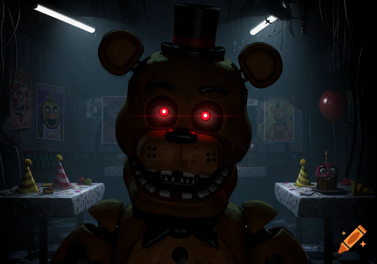 A brown animatronic bear with red glowing eyes and a black top hat stands in a dark, messy room with party decorations and posters.