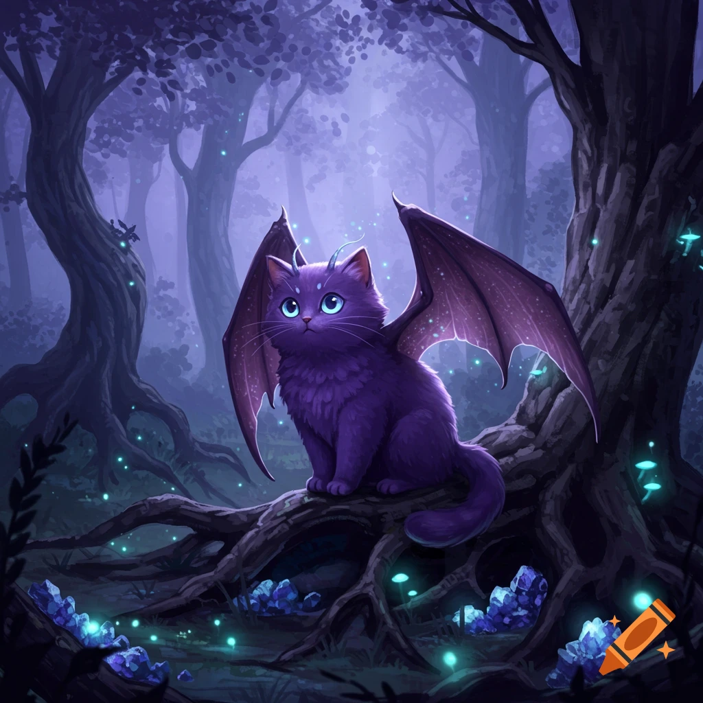 A cute purple cat with dragon wings sits on a tree root in a glowing dark purple forest.