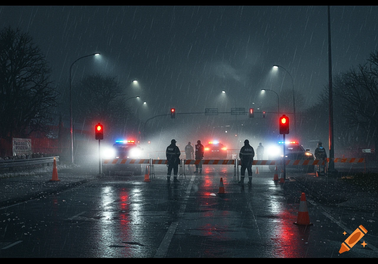 A dark, rainy night scene showing a police roadblock with patrol cars, officers, and traffic cones on a wet street.