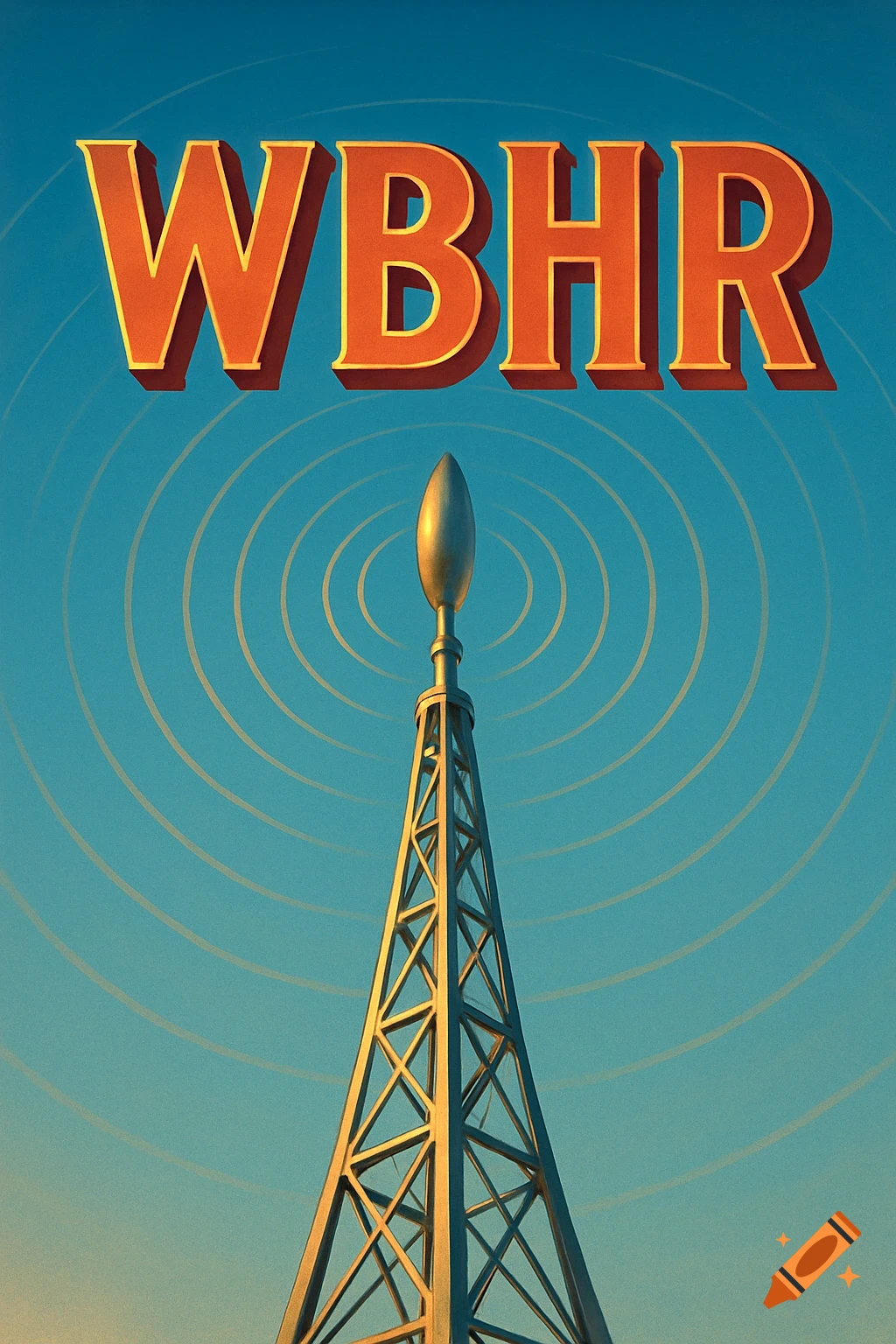 A stylized radio antenna with large orange letters WBHR above it, set against a blue sky with concentric radio waves.