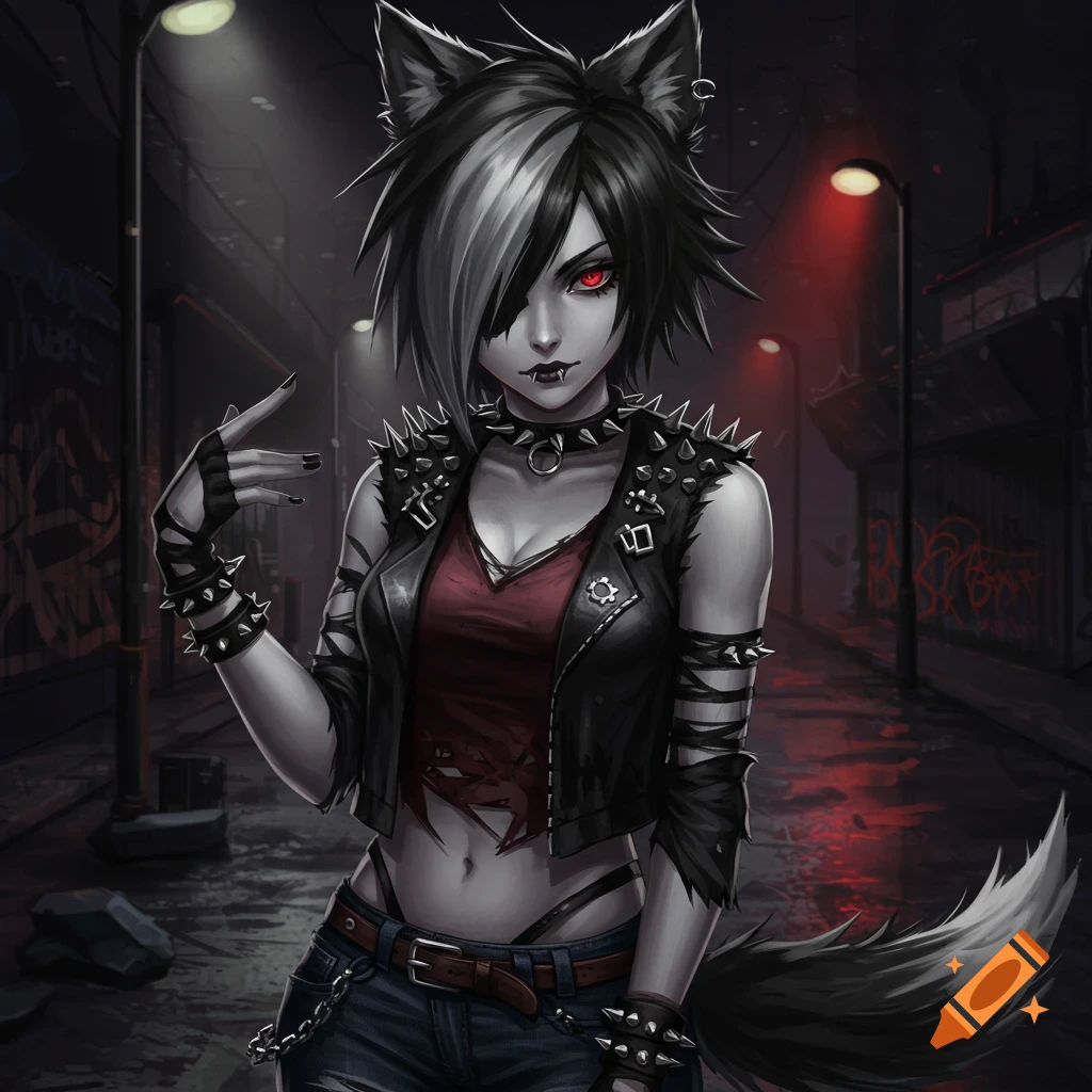 An anime-style character with wolf ears, black and white hair, and red eyes wears a studded punk outfit in a dark alley.