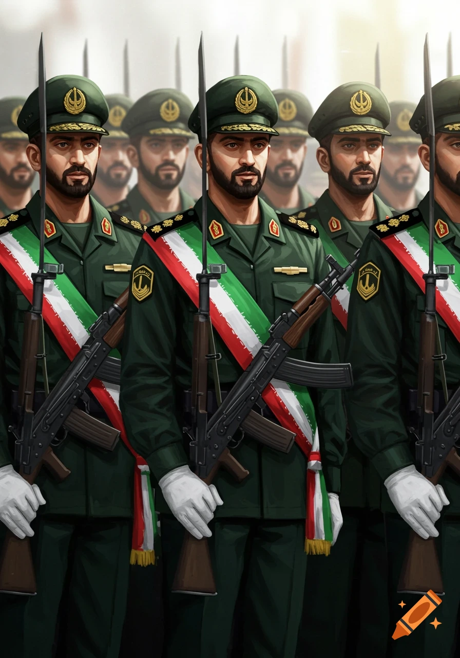 An illustration of multiple Iranian soldiers in dark green uniforms, white gloves, and hats with golden emblems, standing in formation holding rifles. They wear sashes with the colors of the Iranian flag.