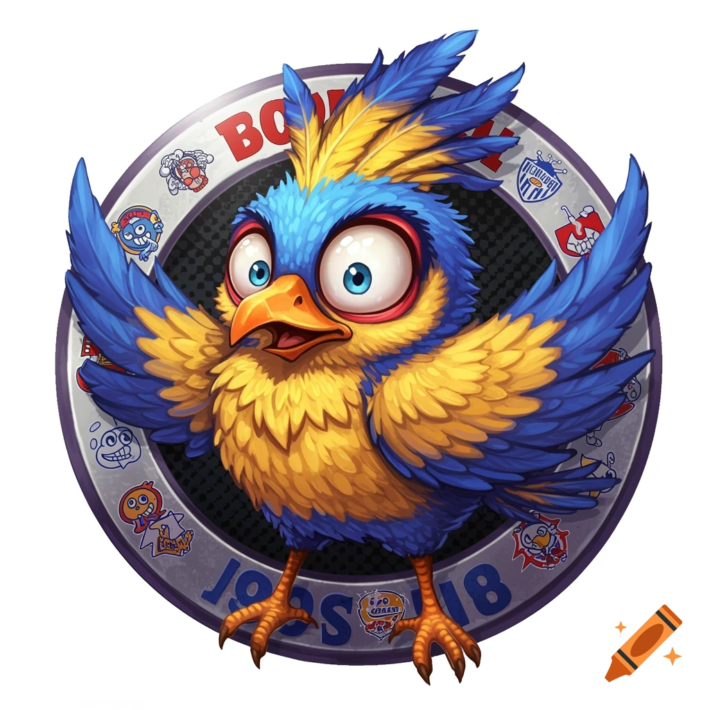 A vibrant blue and yellow cartoon bird with wide eyes stands in front of a gray football badge with illegible text and small cartoon emblems.
