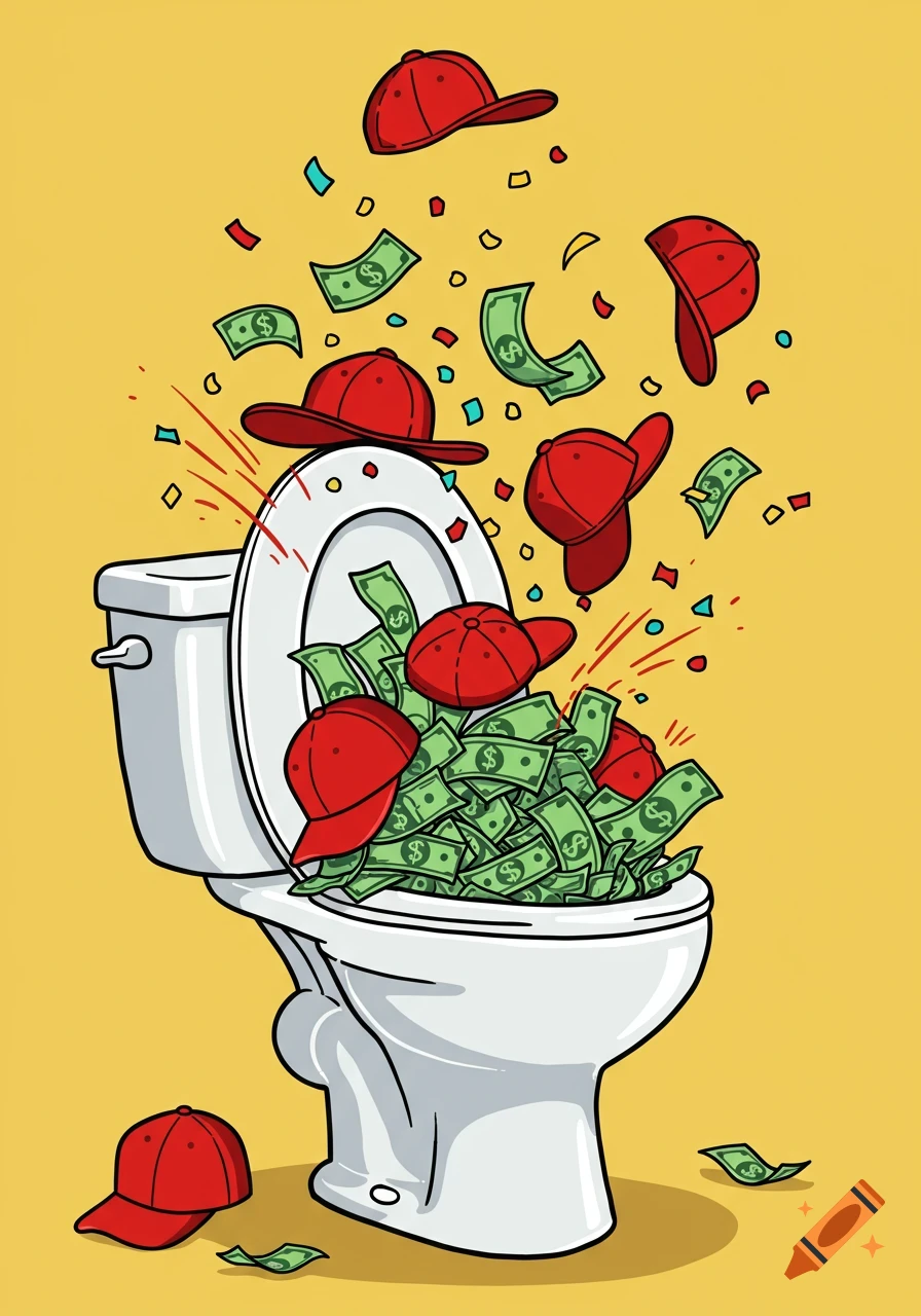 A cartoon toilet overflowing with green dollar bills and red baseball caps, with confetti exploding around it in an exaggerated comic style.