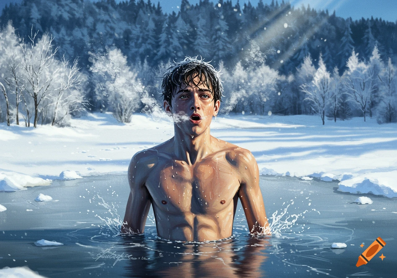A young man in a frozen lake, breathing steam in a snowy forest landscape.