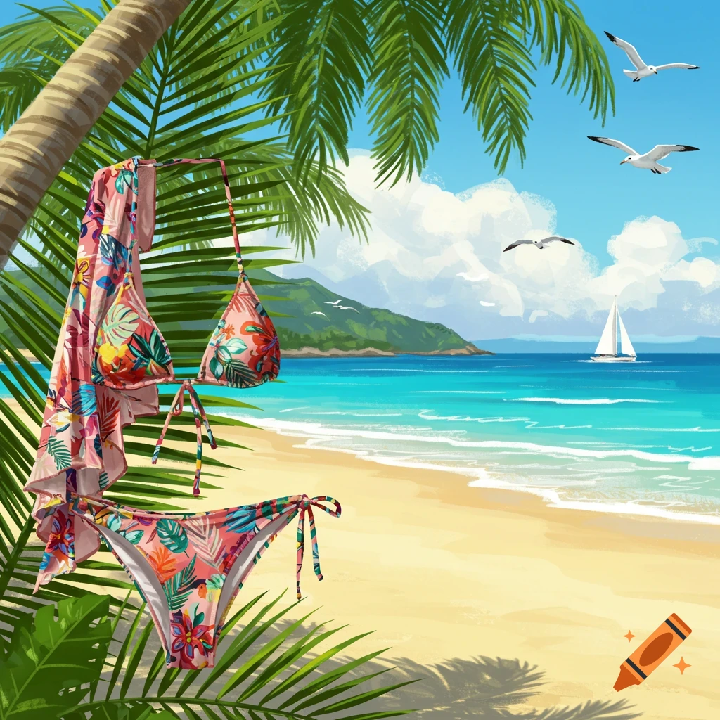 A colorful floral bikini and a sheer cover-up hang from a palm tree on a sunny beach, with a sailboat in the turquoise ocean.