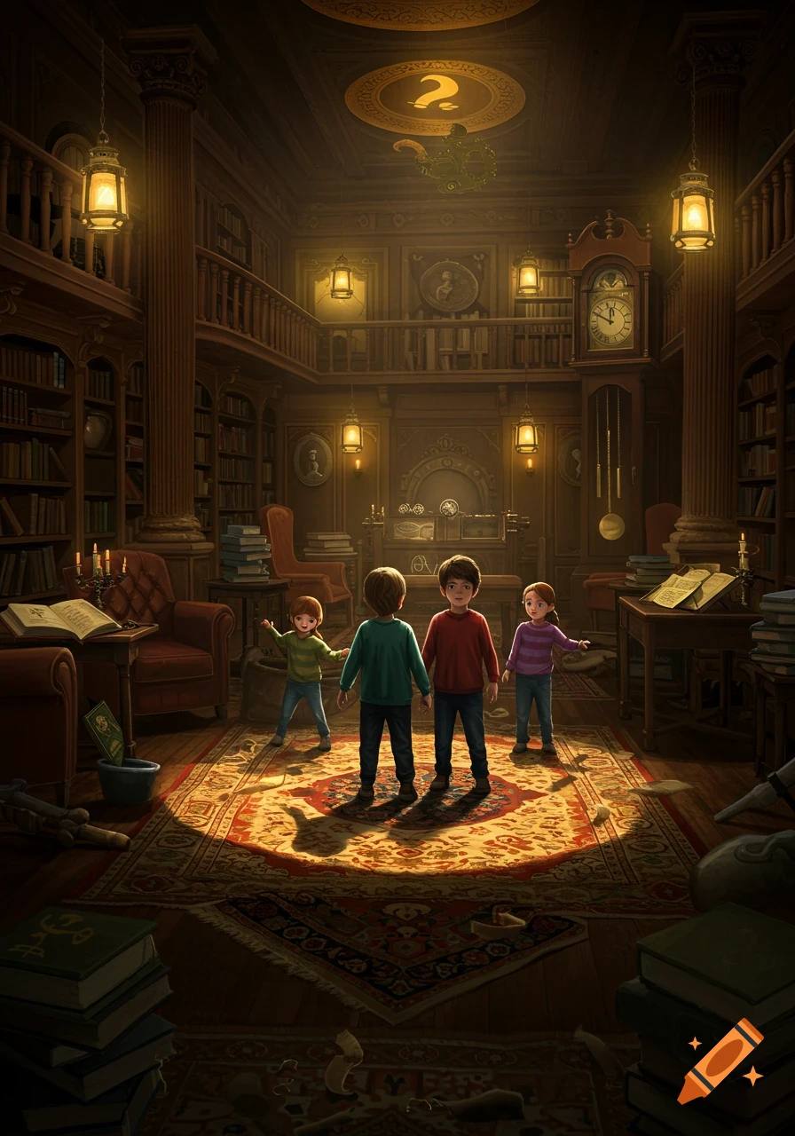 Four children exploring a grand, dimly lit library with a question mark on the ceiling, reminiscent of an escape room.