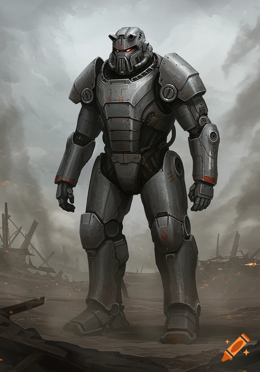 A grim, bulky silver power armor stands in a smoky, ruined landscape.
