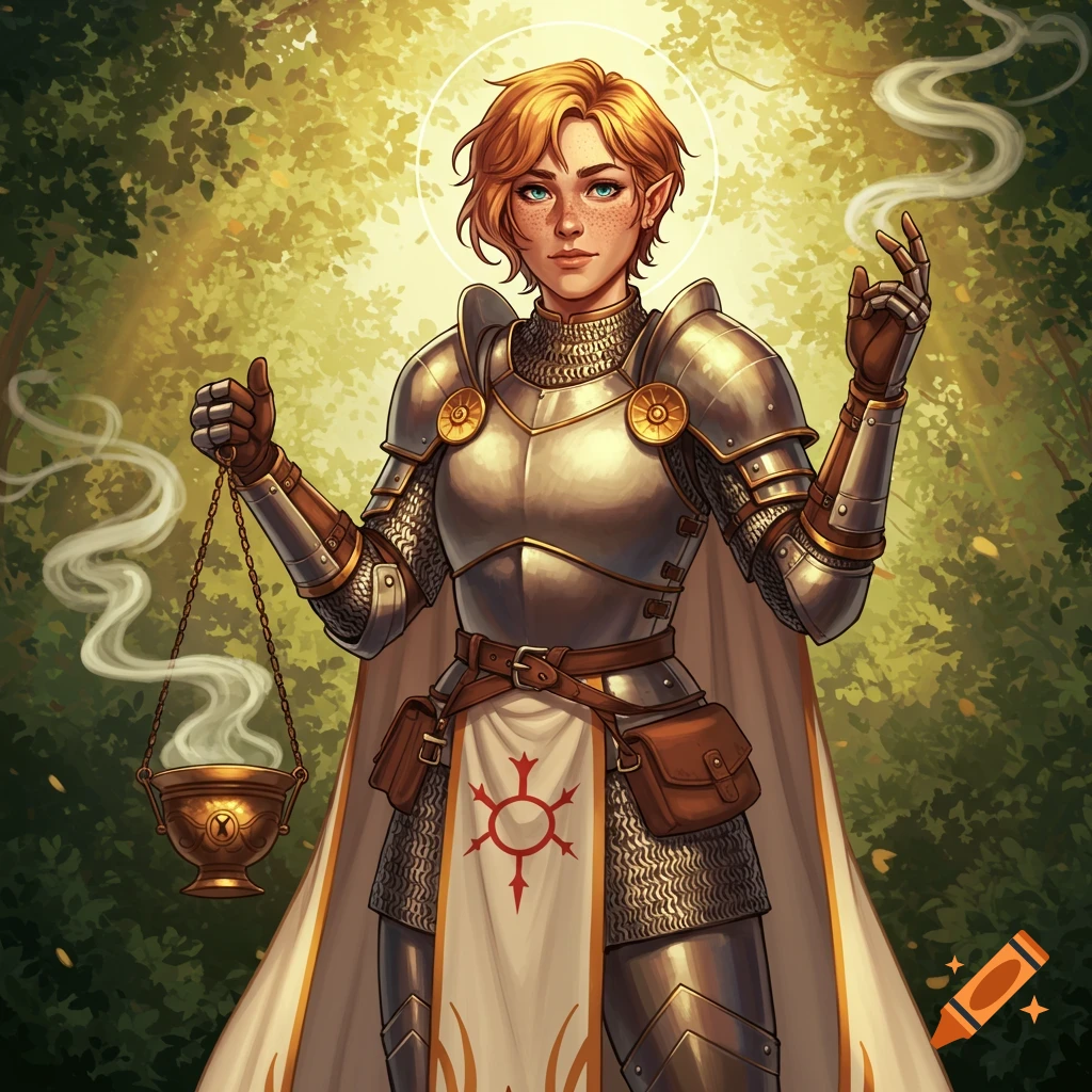 A strawberry blonde D&D cleric in plate armor, wearing a white tabard with a red symbol, holding a smoking censer in a sunlit forest.