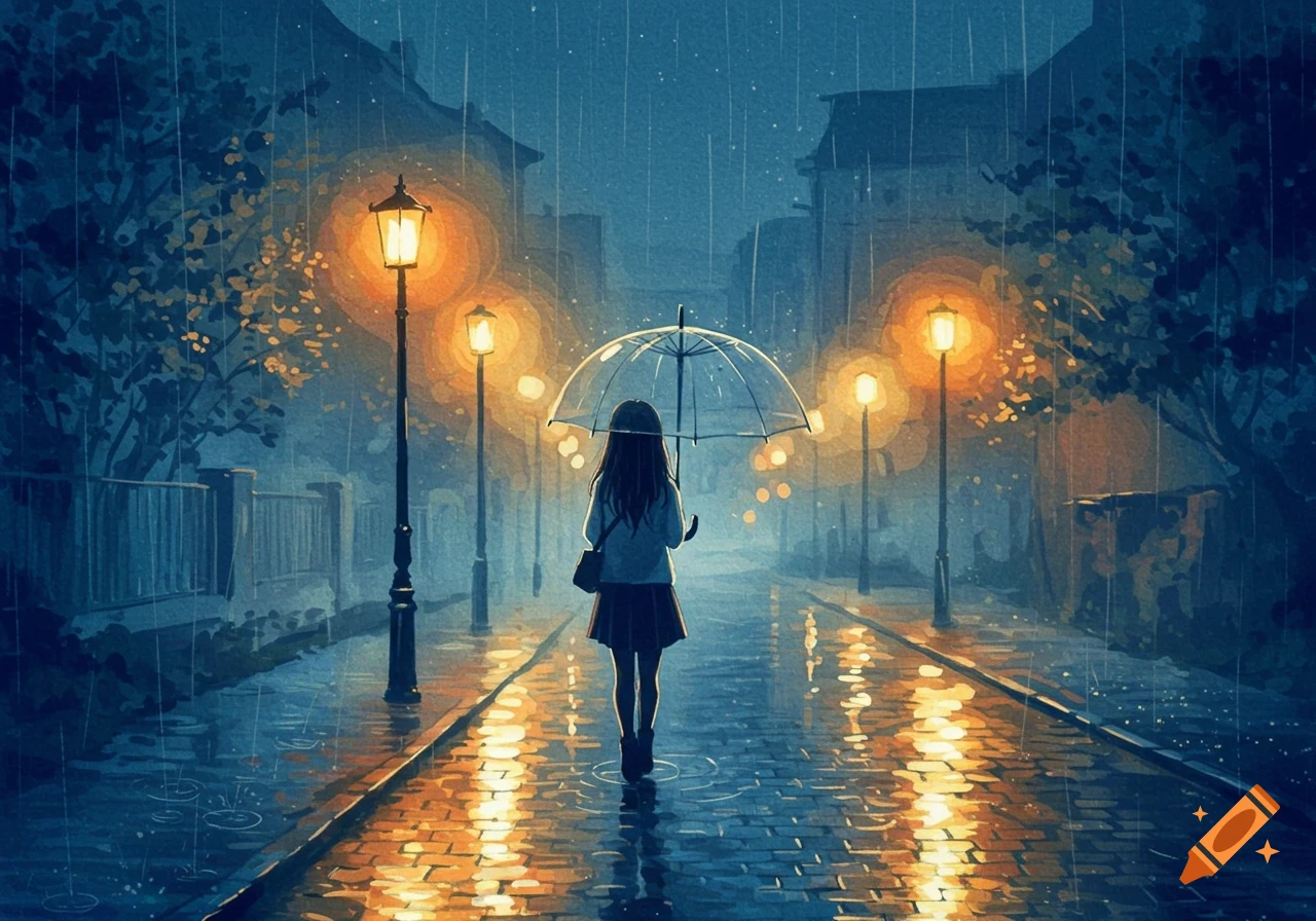 A girl with a transparent umbrella walks down a wet, glowing street at night in a painterly, anime style.