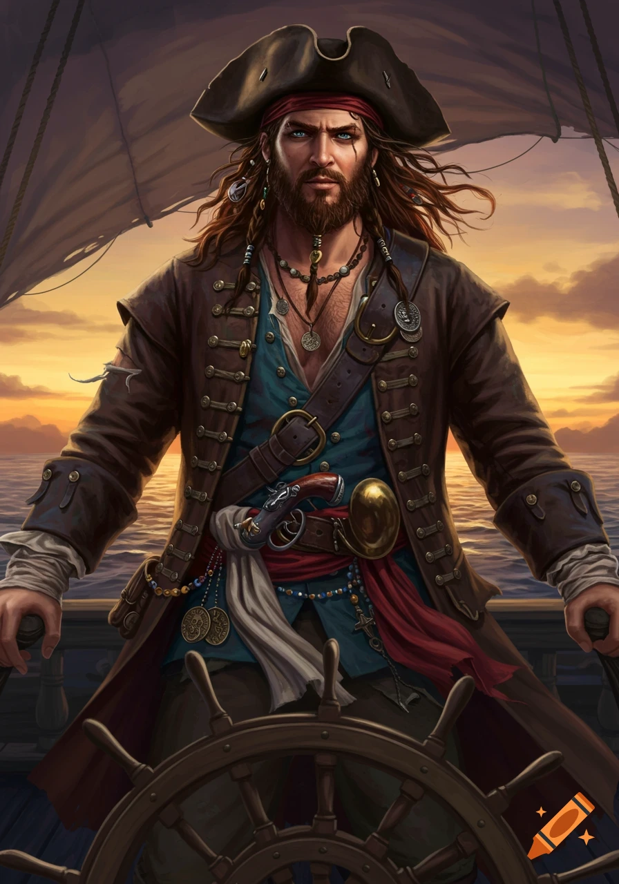 A charismatic pirate captain with long auburn hair and a beard stands at the helm of his ship during twilight, with purple and gold tones over the sea and sky.