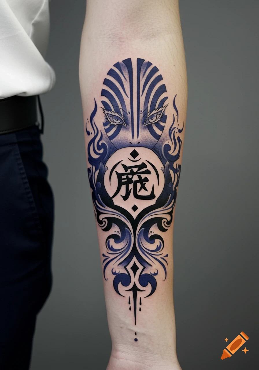 A stylized blue and black tattoo on an arm, featuring eyes, tribal patterns, and a Japanese character in the center.