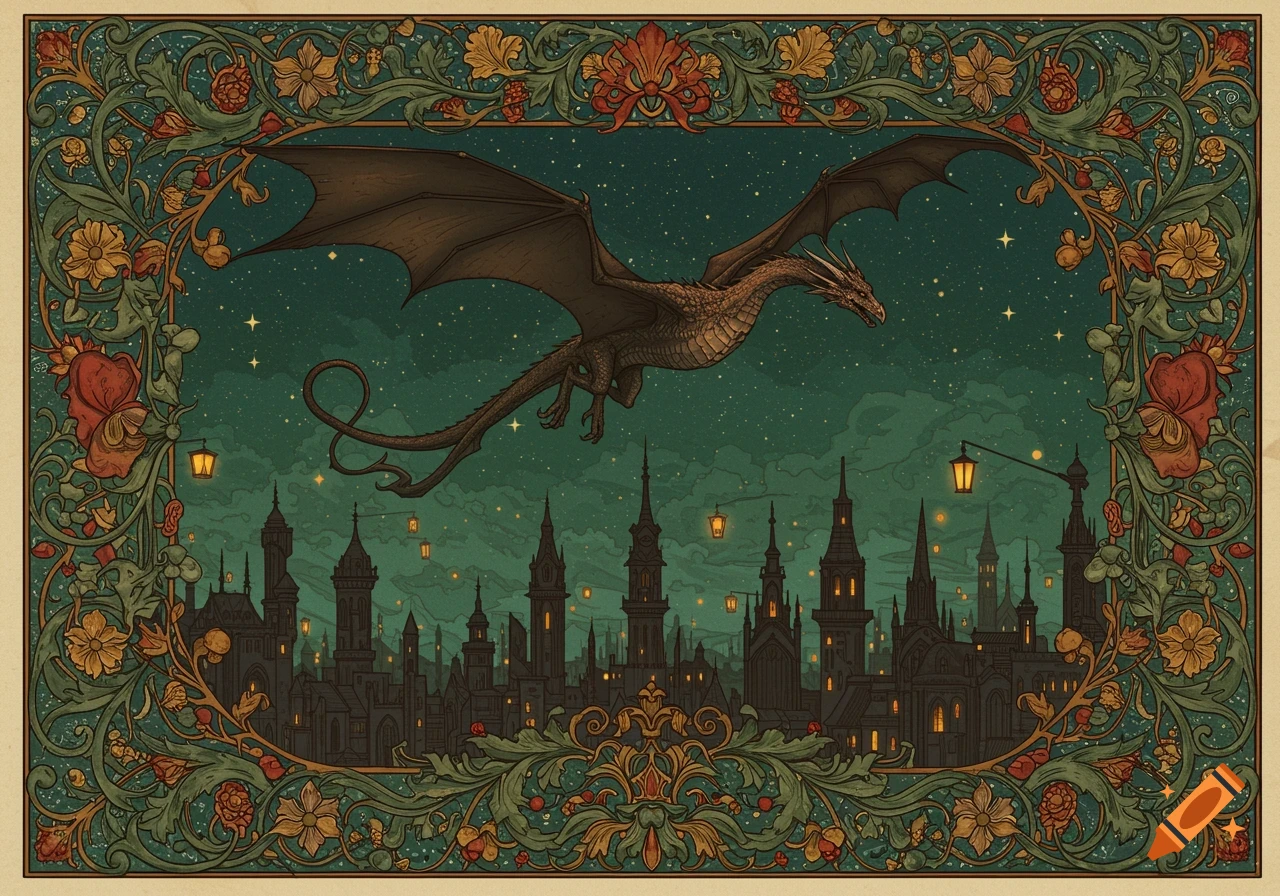 A vintage Flemish gothic illustration of a dragon flying over a medieval city at night, framed by botanical patterns.