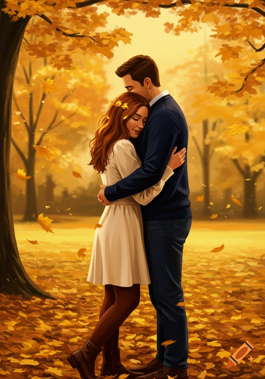 A man and woman embracing in an autumn park with golden trees and falling leaves, in an illustrative style.
