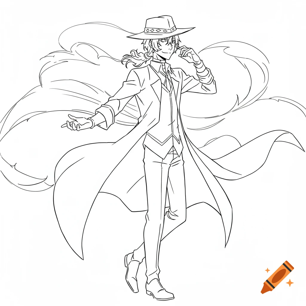 Line art drawing of an anime character with long hair, wearing a wide-brimmed hat, vest, and long coat, posing.