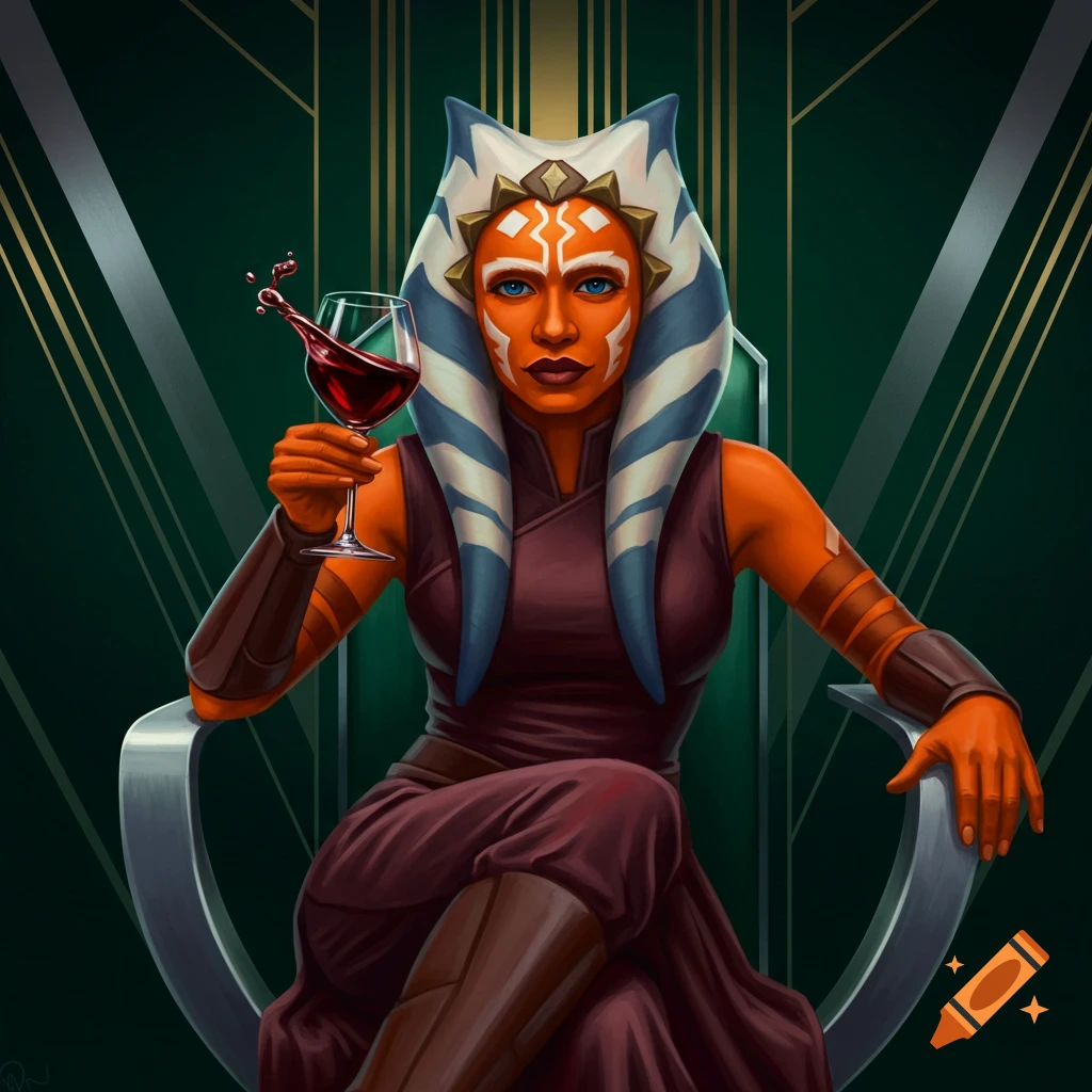 Art Deco style painting of Ahsoka Tano sitting, holding a glass of red wine that splashes, against a green and gold geometric background.