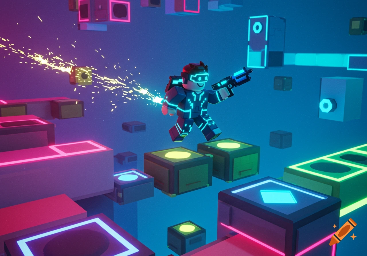 A Roblox-style character with VR goggles and a gun jumps across glowing block platforms in a neon-lit futuristic world, with sparks flying.