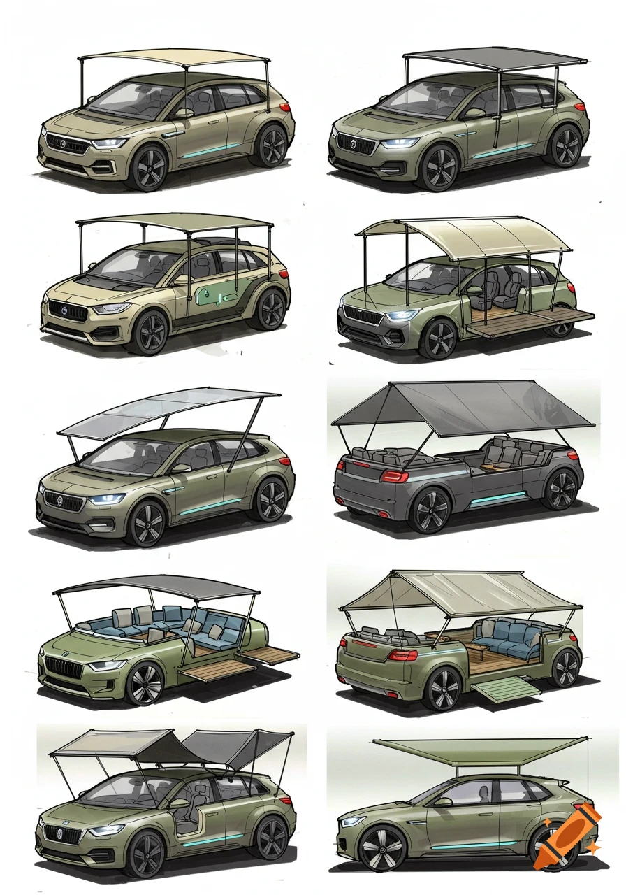 Eight detailed concept sketches of SUV vehicles converted into open-air seating areas with deployable awnings.