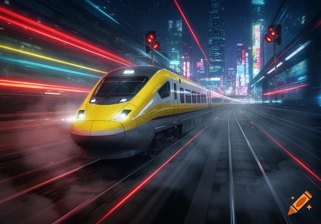 A sleek yellow and grey high-speed train speeds through a futuristic city at night, illuminated by neon lights and motion blur.