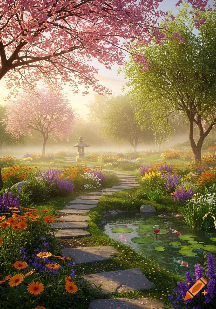 Lush, vibrant Japanese garden with pink cherry blossoms, a winding stone path, a koi pond, and colorful flowers under a soft, misty sky.