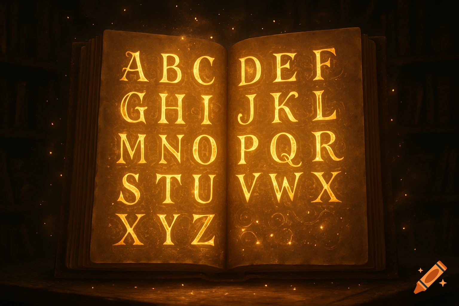 An ancient, open book glows with magical light, displaying the alphabet letters A through Z on its pages, set against a dark, mystical library background with floating golden particles.