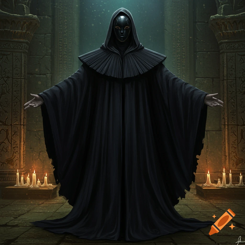 A figure in voluminous black robes and a black mask with golden eyes stands with outstretched arms in a dark, ancient stone chamber lit by candles.