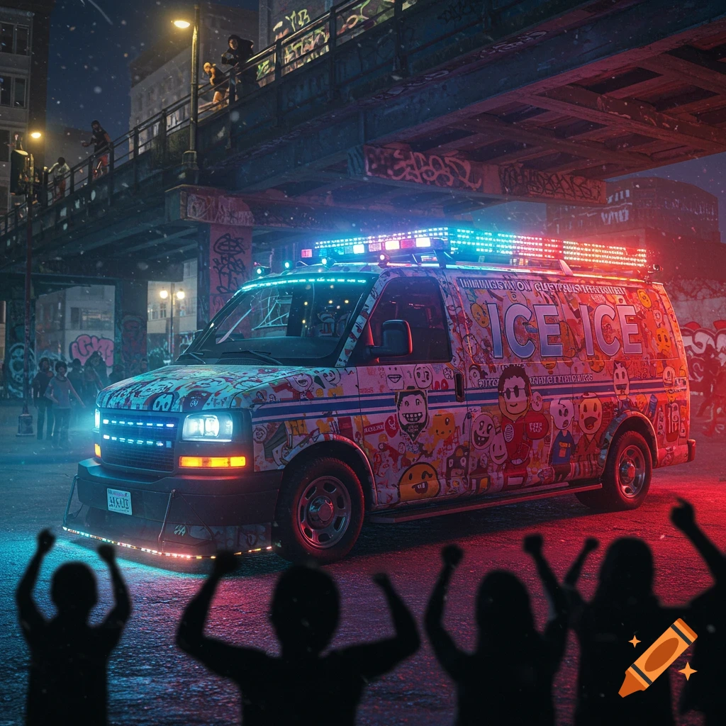A custom van adorned with cartoon stickers and bright neon lights is parked under a graffiti-covered bridge in a dark urban night setting, with silhouetted figures observing from the foreground.