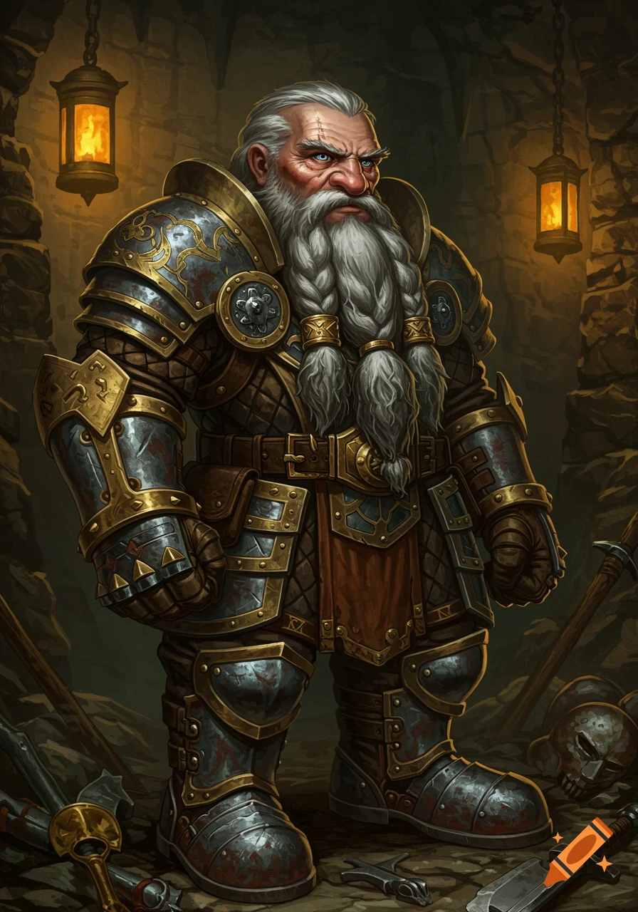A grizzled dwarf with a long grey beard and ornate golden and silver armor stands in a dim, rocky cave lit by lanterns.