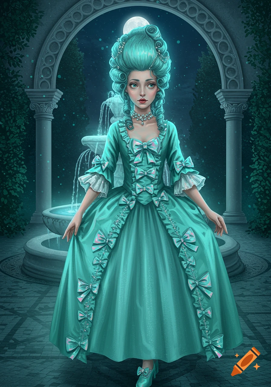 A young woman in a pale turquoise Rococo gown stands by a glowing fountain in a moonlit courtyard, illustrative style.