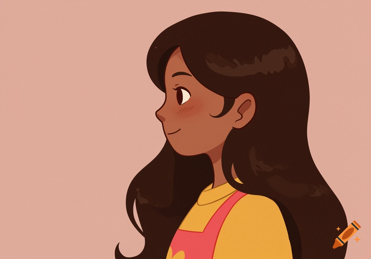 A cartoon girl with long dark hair, brown skin, and rosy cheeks, smiling and looking to the right. She wears a yellow shirt and pink overalls, against a plain pink background.