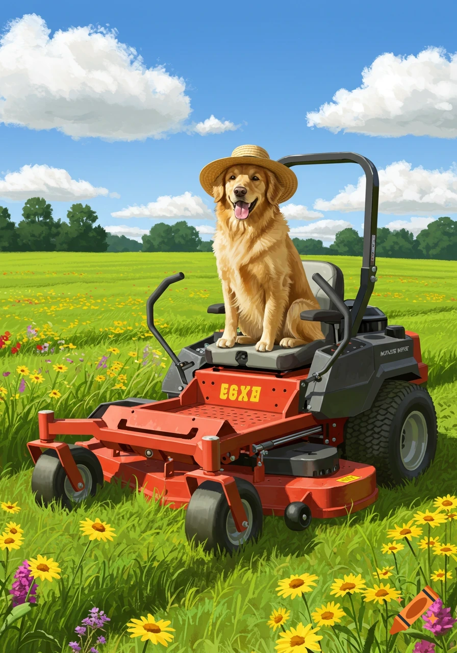 A golden retriever wearing a straw hat sits on a red zero-turn lawn mower in a sunny, grassy field with yellow flowers.