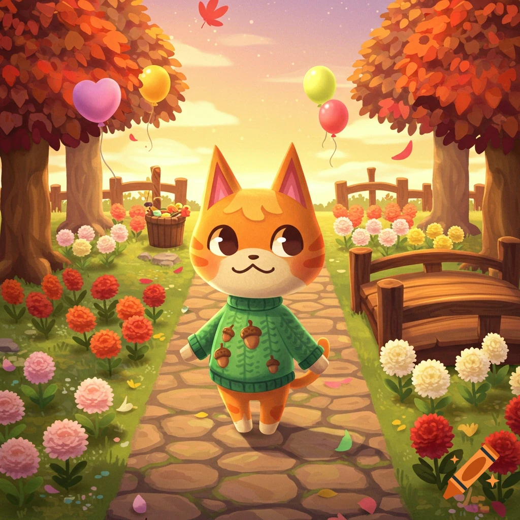 An orange cartoon cat in a green sweater walks on a stone path through an autumn forest with flowers and balloons, in Animal Crossing style.