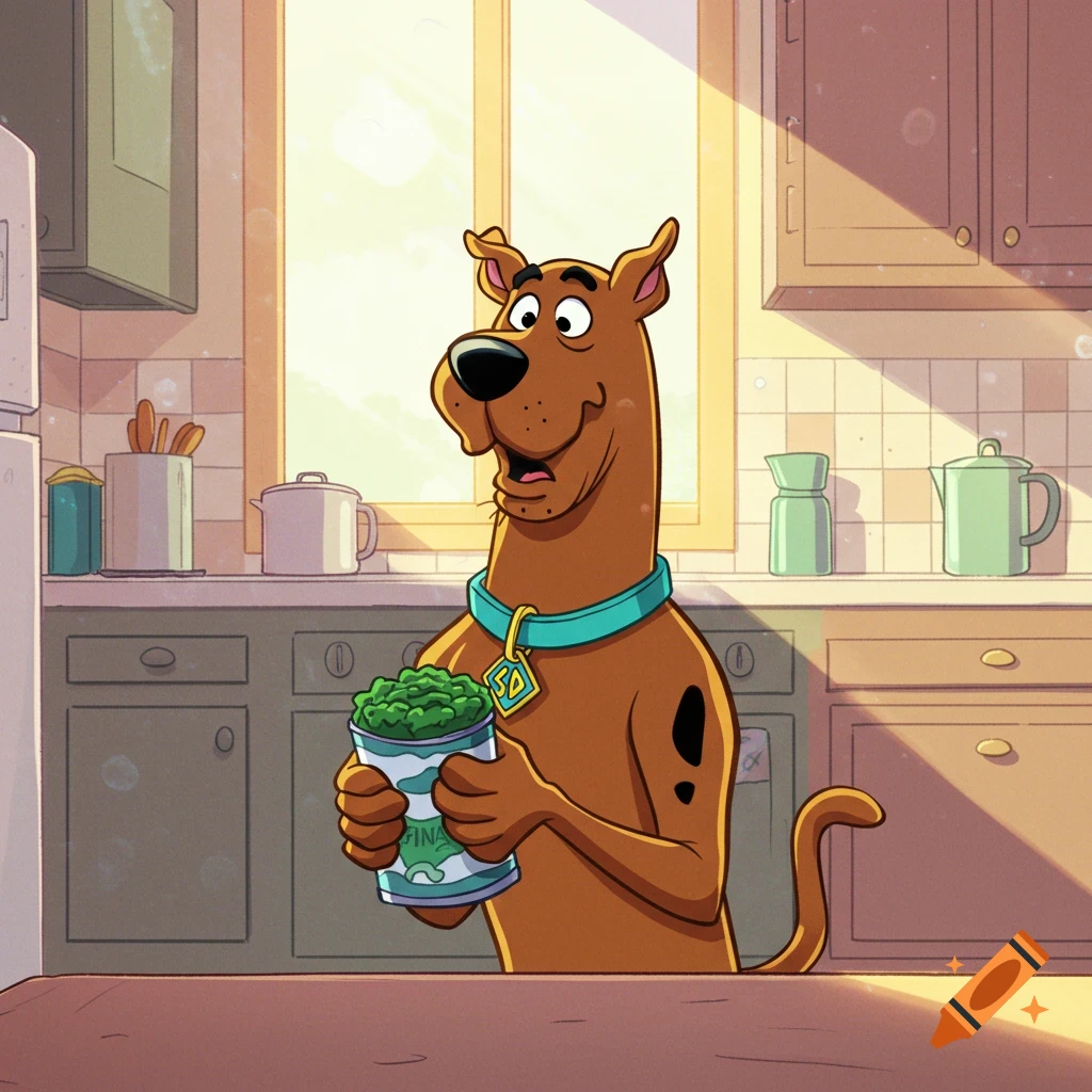 Scooby Doo, a cartoon Great Dane, stands in a kitchen holding a can of green food.