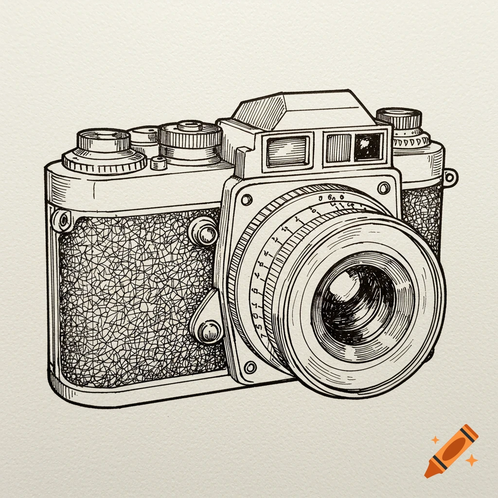 A detailed black and white line art drawing of a vintage camera.