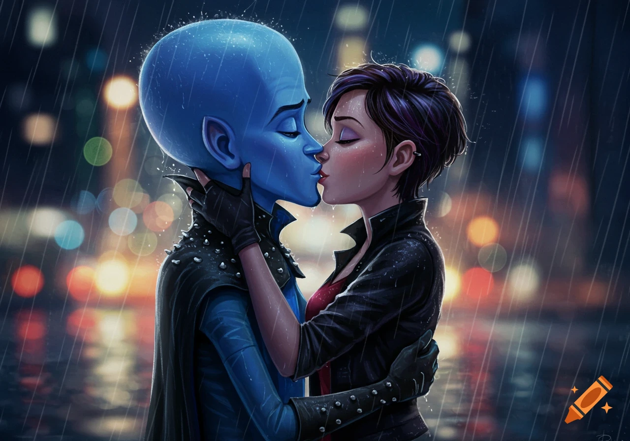 Megamind and Roxanne kissing passionately in the rain at night, with city lights blurred in the background.