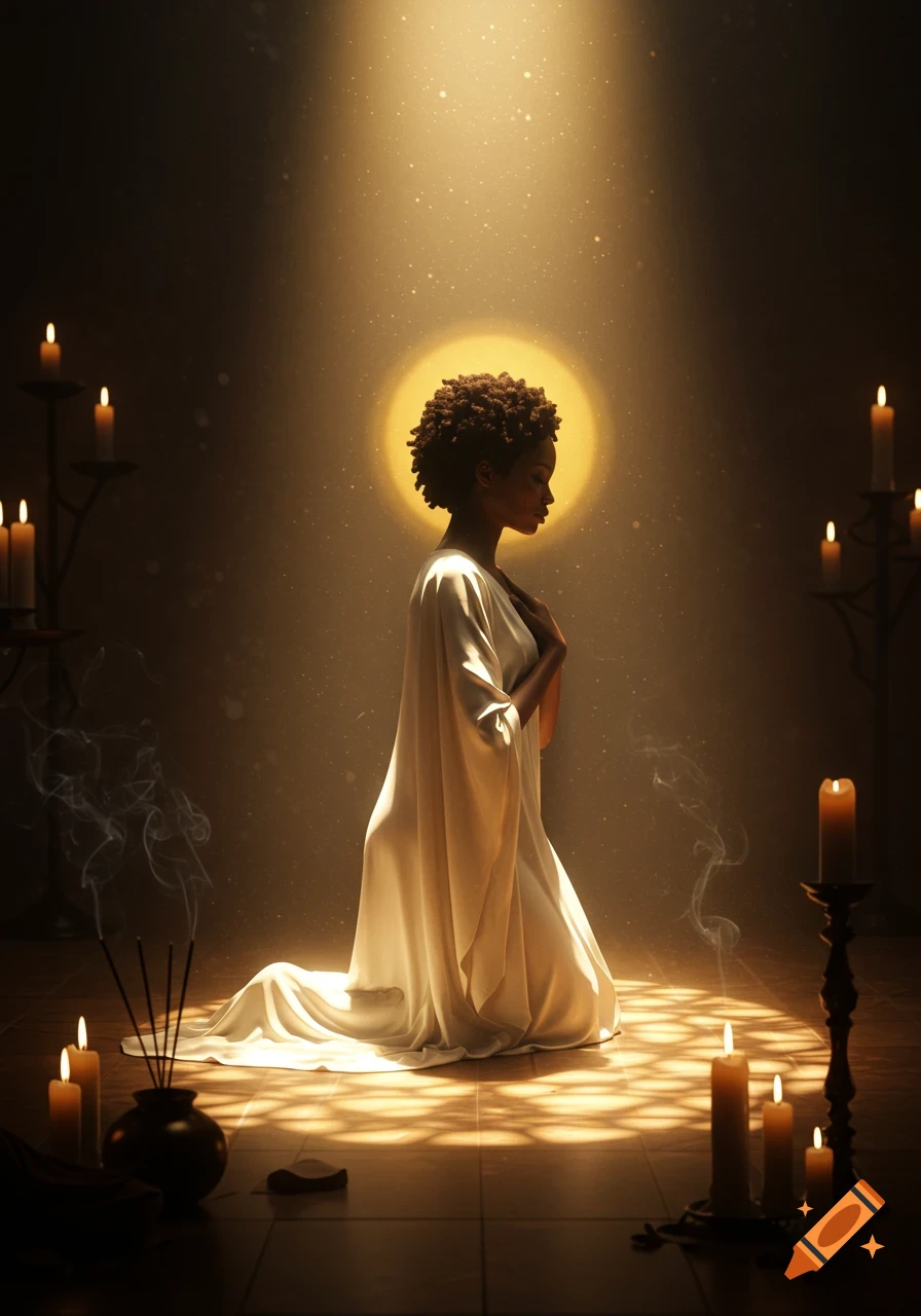 A woman with curly hair kneels in a white dress, bathed in golden light amidst candles and incense, in a spiritual atmosphere.