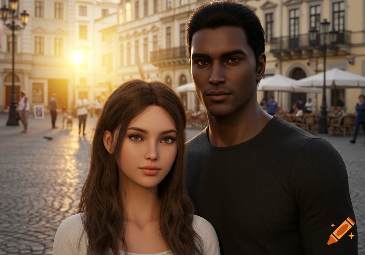 Photorealistic portrait of a young woman with long brown hair and a man with dark skin and dark hair standing in a sunlit city square.
