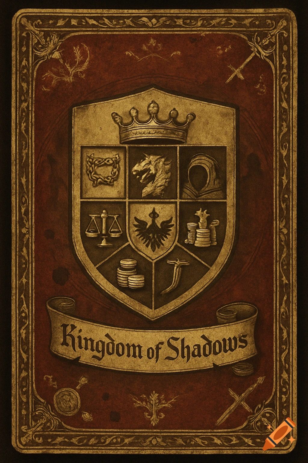 A vintage-style card back design featuring a gold crest with various symbols and a banner reading 'Kingdom of Shadows' on a deep red background.