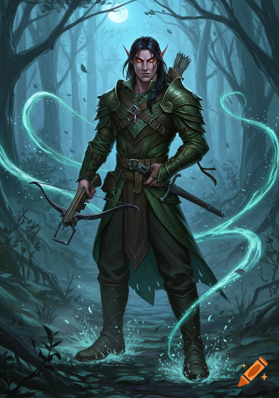 A male half-elf warlock with long black hair and glowing red eyes stands in a moonlit forest, holding a crossbow, with teal magic swirling around him.