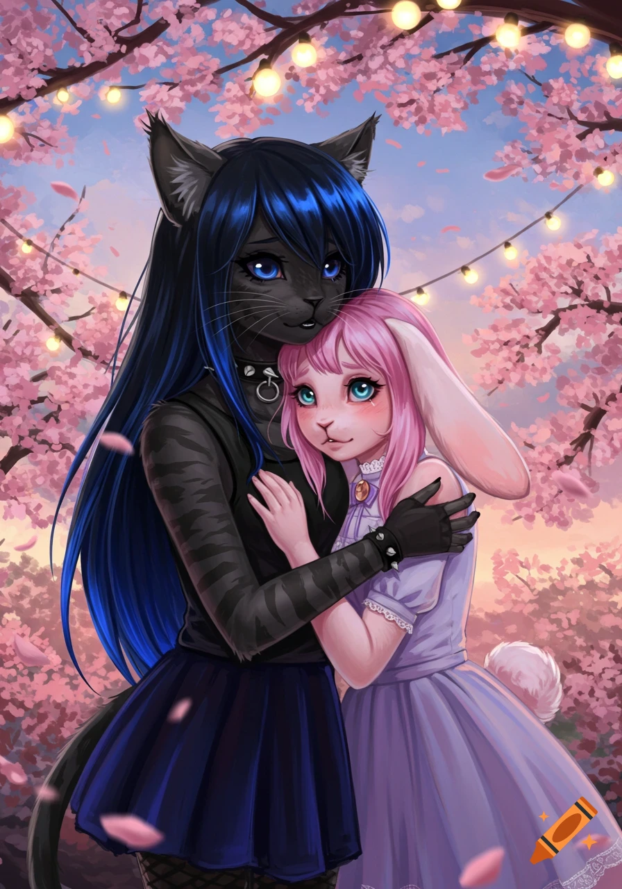 A black cat-girl with blue hair hugs a pink bunny-girl under cherry blossom trees with string lights, digital art.