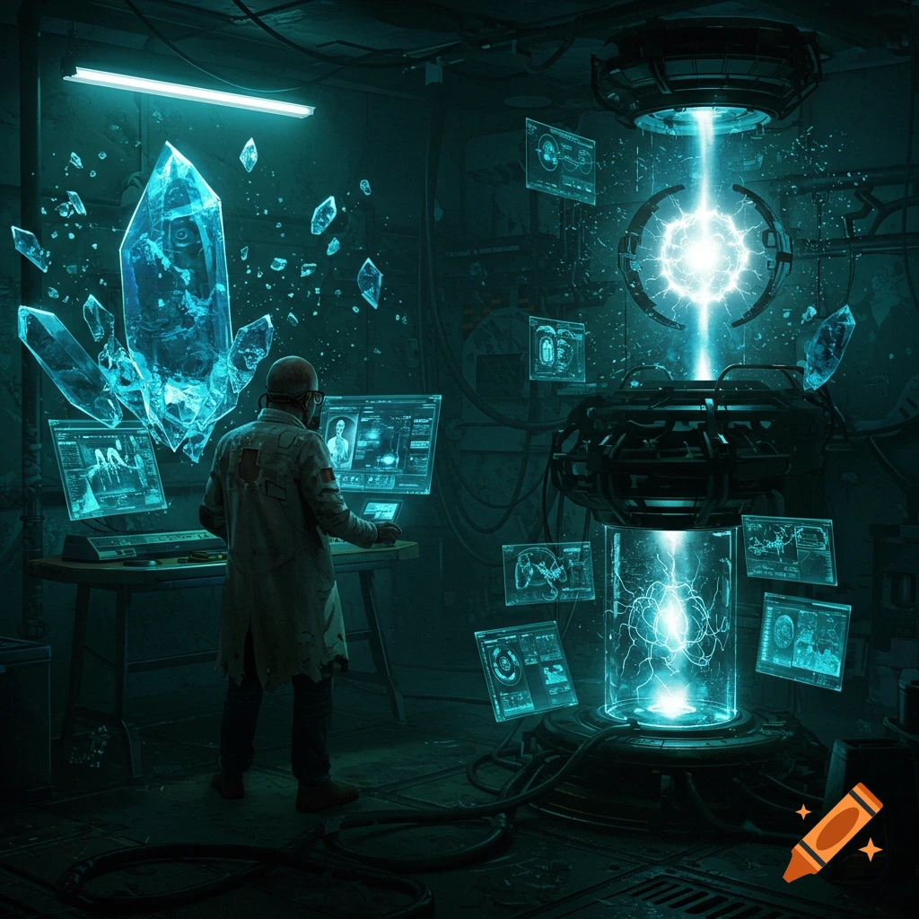 A scientist in a cyberpunk lab stands before a desk with screens, observing a large glowing crystal and a futuristic energy core.