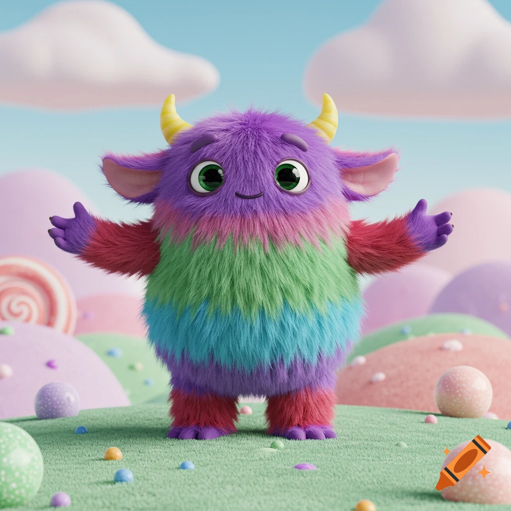 A cute, colorful, furry monster with purple, pink, green, and blue stripes, yellow horns, and big green eyes, stands in a whimsical candy land.