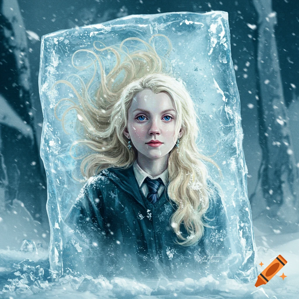 Digital painting of Luna Lovegood with long blonde hair, frozen inside a large block of ice in a snowy, icy landscape.