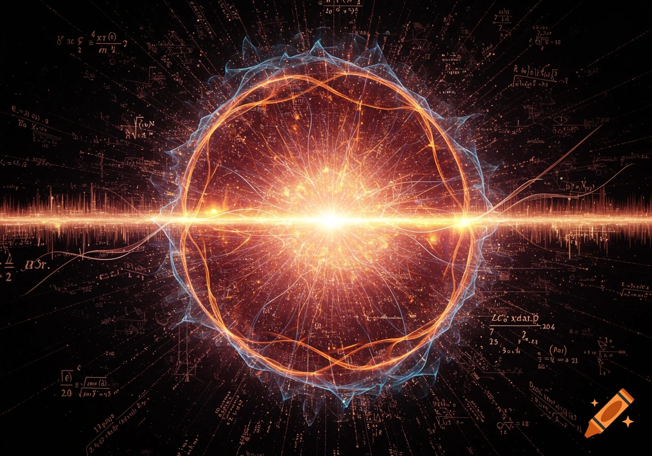 An abstract representation of quantum mechanics with a bright orange glowing core, swirling energy fields, and faint mathematical equations on a dark background.