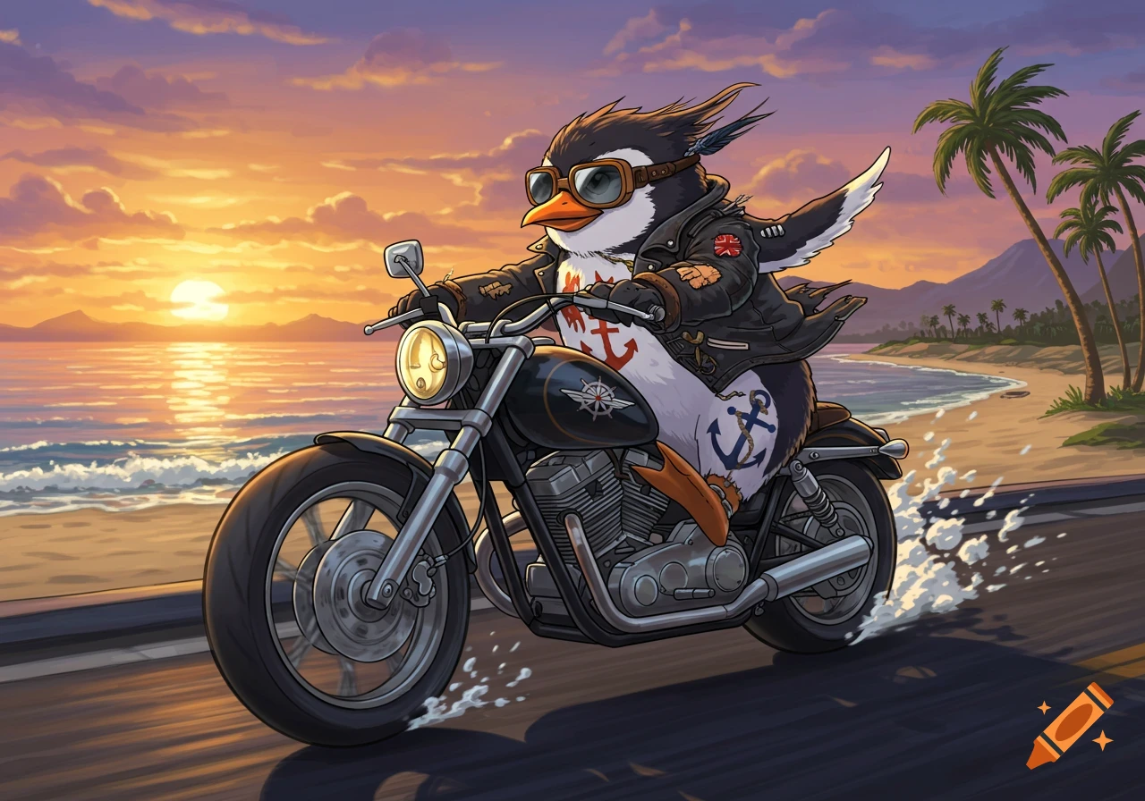 Cartoon penguin wearing a leather jacket and goggles, riding a motorcycle along a beach at sunset.