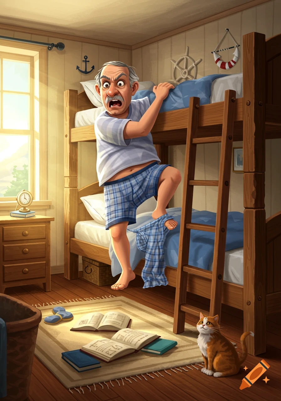 An angry old man in plaid pajamas gets stuck on a bunk bed ladder while a cat sits on the floor watching. Detailed illustration.