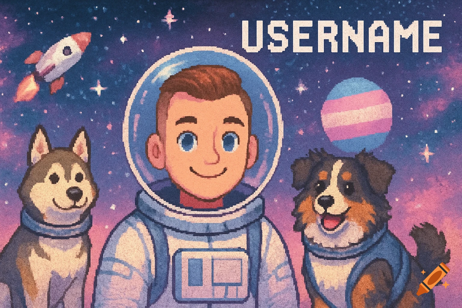 A pixel art image of an astronaut with a husky and an Australian Shepherd  in space, featuring a trans flag planet and a rocket. on Craiyon, image size:1536x1024