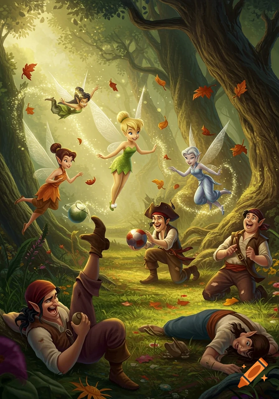 Tinkerbell and other fairies playfully interact with comical pirates in a magical forest, scattering autumn leaves.