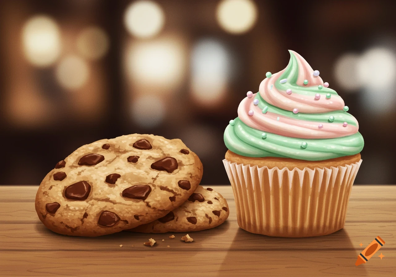 An illustration of chocolate chip cookies and a frosted cupcake on a wooden table with a blurred background.
